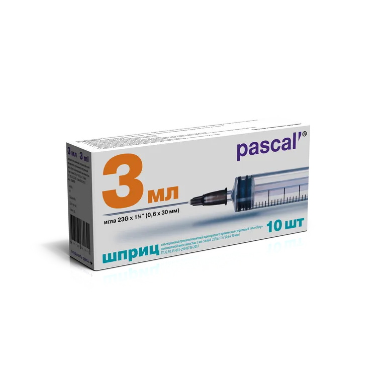 Шприц одноразовый 3-х компонентный 3мл с иглой 23G 0,6x30 мм Pascal №100