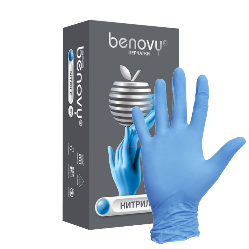 Перчатки Benovy нитрил. н/стер. неоп. р.L голуб.№1 пара/уп 100 пар
