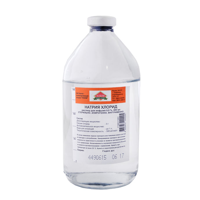 Натрия хлорид р-р д/инф. 0.9%  400мл. фл.№15 для стационаров,"ЭСКОМ"