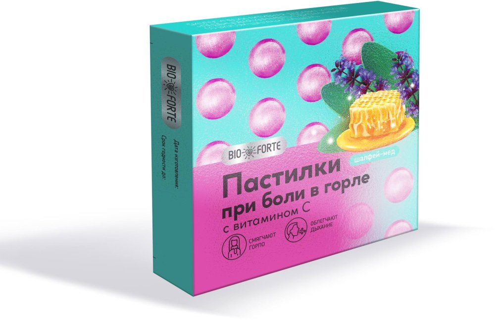 Пастилки при боли в горле с вит.С BioForte эвкалипт-ментол №9
